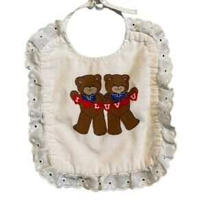 Vintage baby bib teddy bears eyelet trim tie